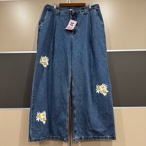 NWT Lucy & Yak Jeans Women’s Size 18 Blue Organic Cotton Super Wide Leg Floral